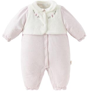 戴维贝拉新生儿针织夹棉爬服2026冬装女宝碎花厚假两件连体衣A类