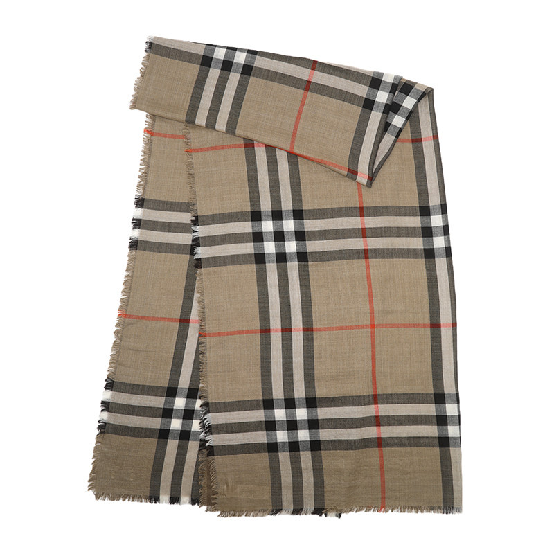 【自营】BURBERRY/博柏利羊毛蚕丝混纺格纹大号长围巾披肩配饰