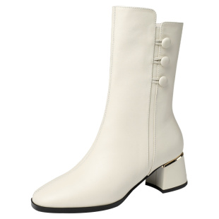 全牛皮中筒靴女粗跟百搭秋冬新款加绒真皮靴子女圆头中跟大码女靴