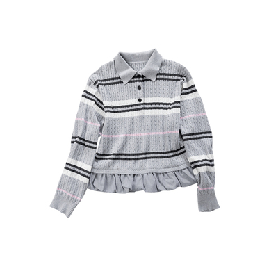 晶咕白标DADATATA【青藤假日】100金梳棉条纹撞色假两件针织毛衣