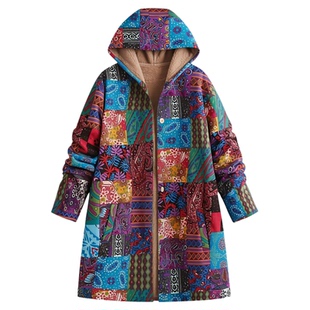 加绒保暖印花复古宽松连帽羊羔绒上衣民族风女中长款外套秋冬新款