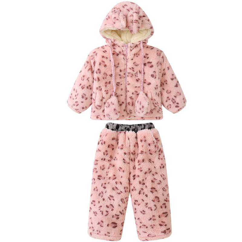 女童运动服套装冬季新款女孩加绒加厚韩版休闲两件套宝宝豹纹棉衣