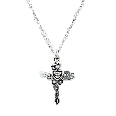 1P Jewelry 爱意紧扣系列 做旧古银色纽扣堆叠珍珠大十字架长项链