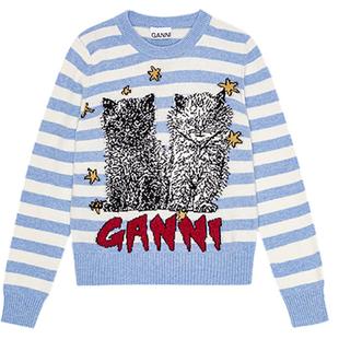 【甄选折扣】GANNI女装 蓝白条纹猫咪长袖毛衣针织衫K2369628
