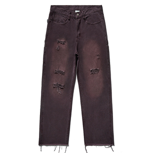 Remedy春秋款国潮水洗破洞流苏休闲长裤美式潮牌宽松直筒牛仔裤男