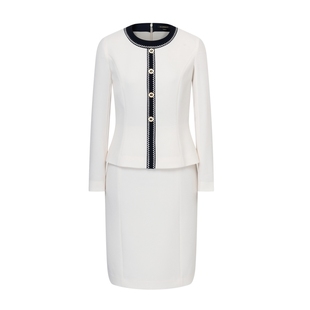 Scofield女装优雅圆领时尚假两件撞色拼接直身收腰连衣裙春季