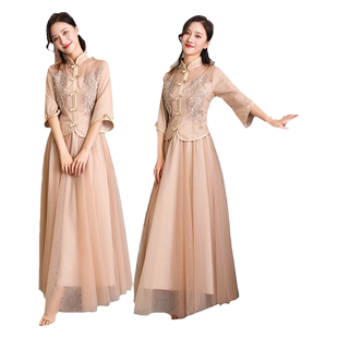 香槟色中式纱裙伴娘宴会敬酒晚礼服大码女套装长裙艺考声乐公主裙