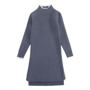 女童毛衣裙秋冬弹力加厚中长款裙子打底衫女孩洋气开叉针织打底衫