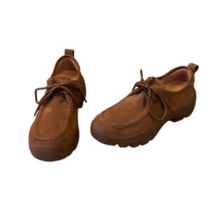 牛皮版~英伦风厚底乐福鞋女2025新款圆头系带休闲鞋增高复古单鞋