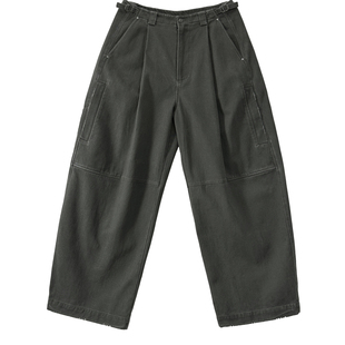 Aurocean 水洗做旧baggy工装裤 重磅全棉复古灰绿色口袋休闲裤