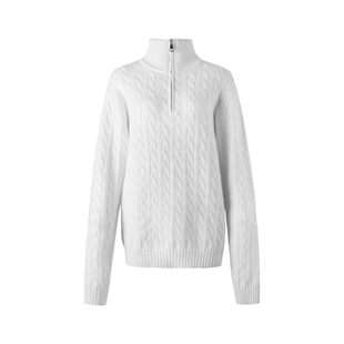 ourhour 立体绞花 白色高领半拉链套头麻花毛衣 女冬设计感针织衫