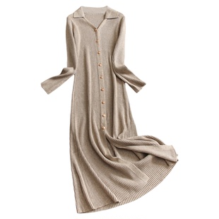 优雅气质V领单排扣弹力紧身长款针织毛衣裙内搭打底裙连衣裙M496