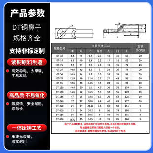 DT铜鼻子铜线耳接线端子25 50平方电线鼻子紫铜镀锡堵油铜接头