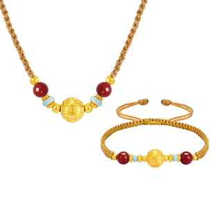 周大生黄金手链男女足金玛瑙手绳铜钱转运珠项链珐琅编绳新年礼物