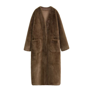 3ts 12/27 秋冬法式v领环保毛皮草棕色毛毛大衣中长款仿皮草外套