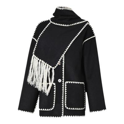 中长款小香风勾边编织毛呢外套女