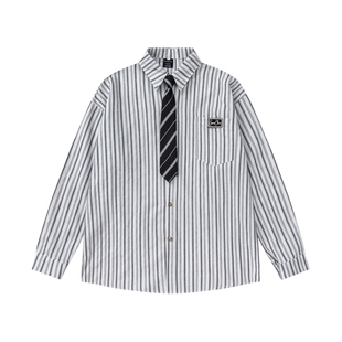 HTTAOSUP春秋日系复古条纹衬衫男长袖宽松百搭高级感领带衬衣外套