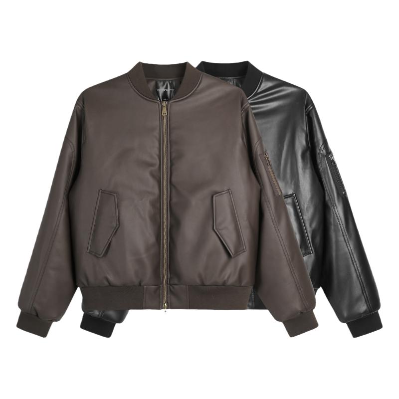 GOSNACE/GOS 美式高街秋冬PU皮加厚棉服保暖宽松立领抗皱廓形外套