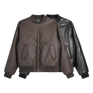 GOSNACE/GOS 美式高街秋冬PU皮加厚棉服保暖宽松立领抗皱廓形外套