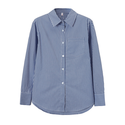 蓝白条纹衬衣长袖上衣女新款春夏