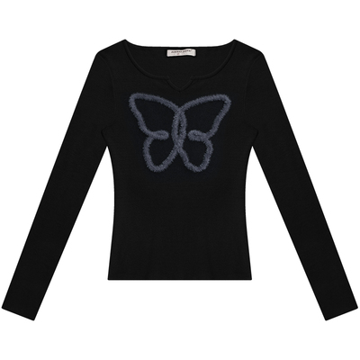 美式复古黑蓝蝴蝶毛毛长袖