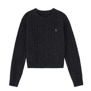 「MISAZ」学院气质 logo刺绣圆领扭花毛衣 纯色复古麻花毛衣