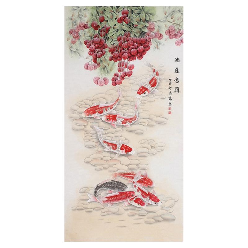 荔枝九鱼图工笔画白描底稿竖幅