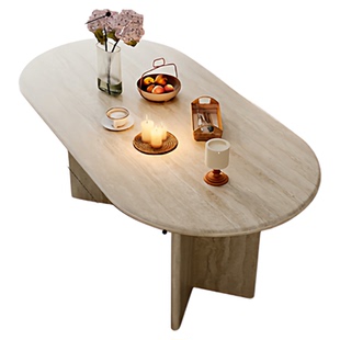 侘寂风天然洞石餐桌椭圆形大理石饭桌长桌家用长方形石材封釉桌子