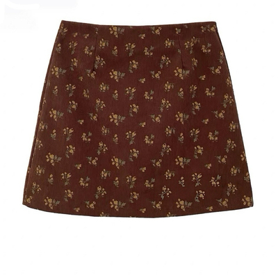 碎花咖色灯芯绒半身裙大码短裙