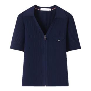 Navigare意大利小帆船夏季休闲短袖针织开衫女士新款翻领拉链小衫