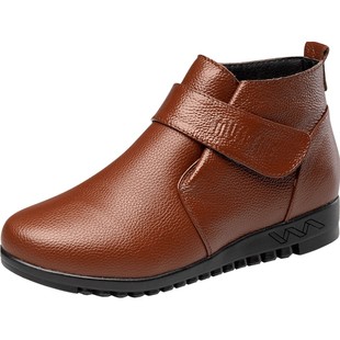 妈妈鞋棉鞋女冬季加绒保暖防滑真皮软底老人棉靴中老年大码短靴子