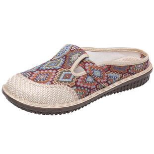 老北京布鞋女新款绣花包头半拖鞋亚麻凉拖鞋外穿软底民族风妈妈鞋