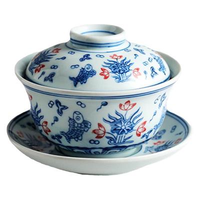 仿古青花瓷盖碗普洱、八宝茶碗