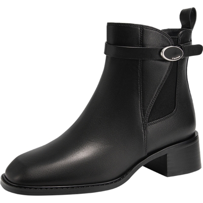 【静音系列】千百度羊皮粗中跟切尔西靴女百搭冬季气质加绒短靴子