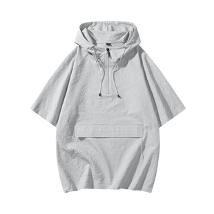 青少年灰色连帽短袖男高级感痞帅衣服男款半袖上衣轻薄速干套头衫