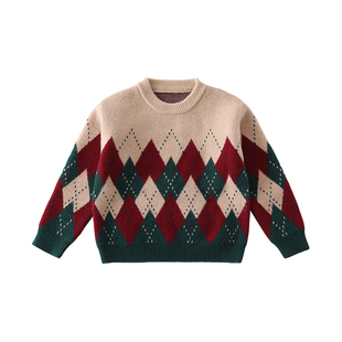 美式复古菱格亲子装一家三四口圣诞毛衣潮牌母子母女针织宽松上衣