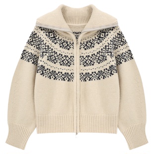 Basic House/百家好复古费尔岛翻领白色毛衣女款冬季新款毛衫外套