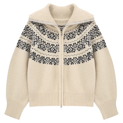 Basic House/百家好复古费尔岛翻领白色毛衣女款冬季新款毛衫外套