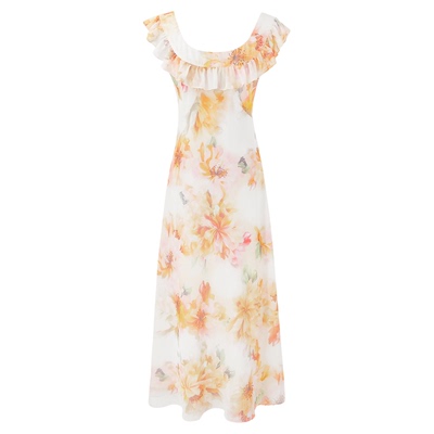 荷叶边u型领印花度假连衣裙