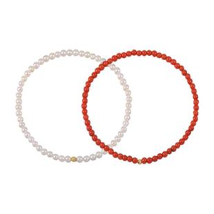 海蒂珠宝 福鲤 2-3mm淡水珍珠手链18K金南红手串弹力绳本命年手链