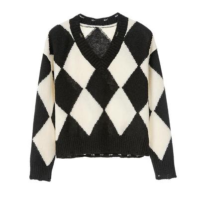 SOMSOM/索玛女装黑白棋盘格绵羊毛针织衫女秋冬菱格V领宽松毛织衫