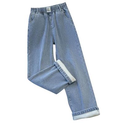 加绒加厚松紧腰窄版阔腿牛仔裤