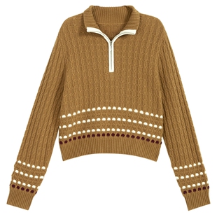 YINER音儿专选2026春季新款撞色前拉链翻领羊毛羊绒混纺针织衫