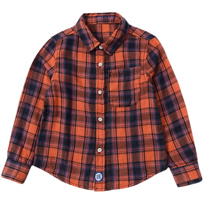 纯棉双层纱儿童格子衬衫翻领开衫