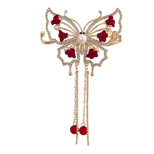 红色喜庆扭扭夹发夹女新年流苏蝴蝶结青蛙扣抓夹秋冬过年夹子头饰