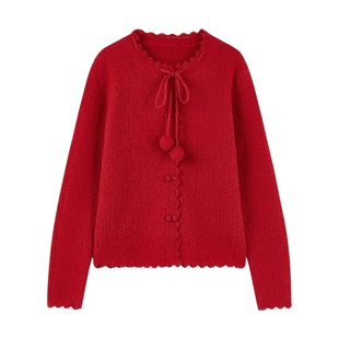 秋水伊人慵懒随性风领口系带针织开衫2025年冬季新款毛球装饰上衣