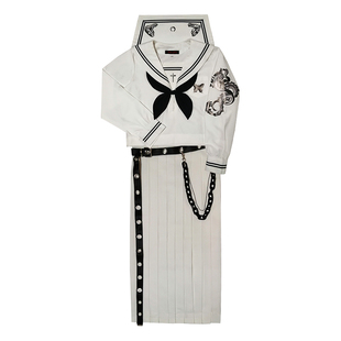 原创白色不良JK制服关西襟二本长袖80百褶裙中间服正统水手服春夏