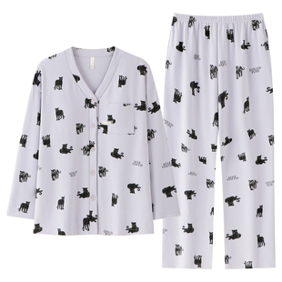 牧柔纯棉卡通休闲女家居服简约风开衫式宽松长袖纽扣秋季春季睡衣