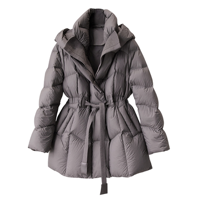 时髦显瘦！蓬松度800+匈牙利95%白鹅绒收腰系带中长款连帽羽绒服