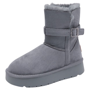 依思q女士雪地靴女款2026新款厚底东北灰色加绒冬季加厚保暖中筒
